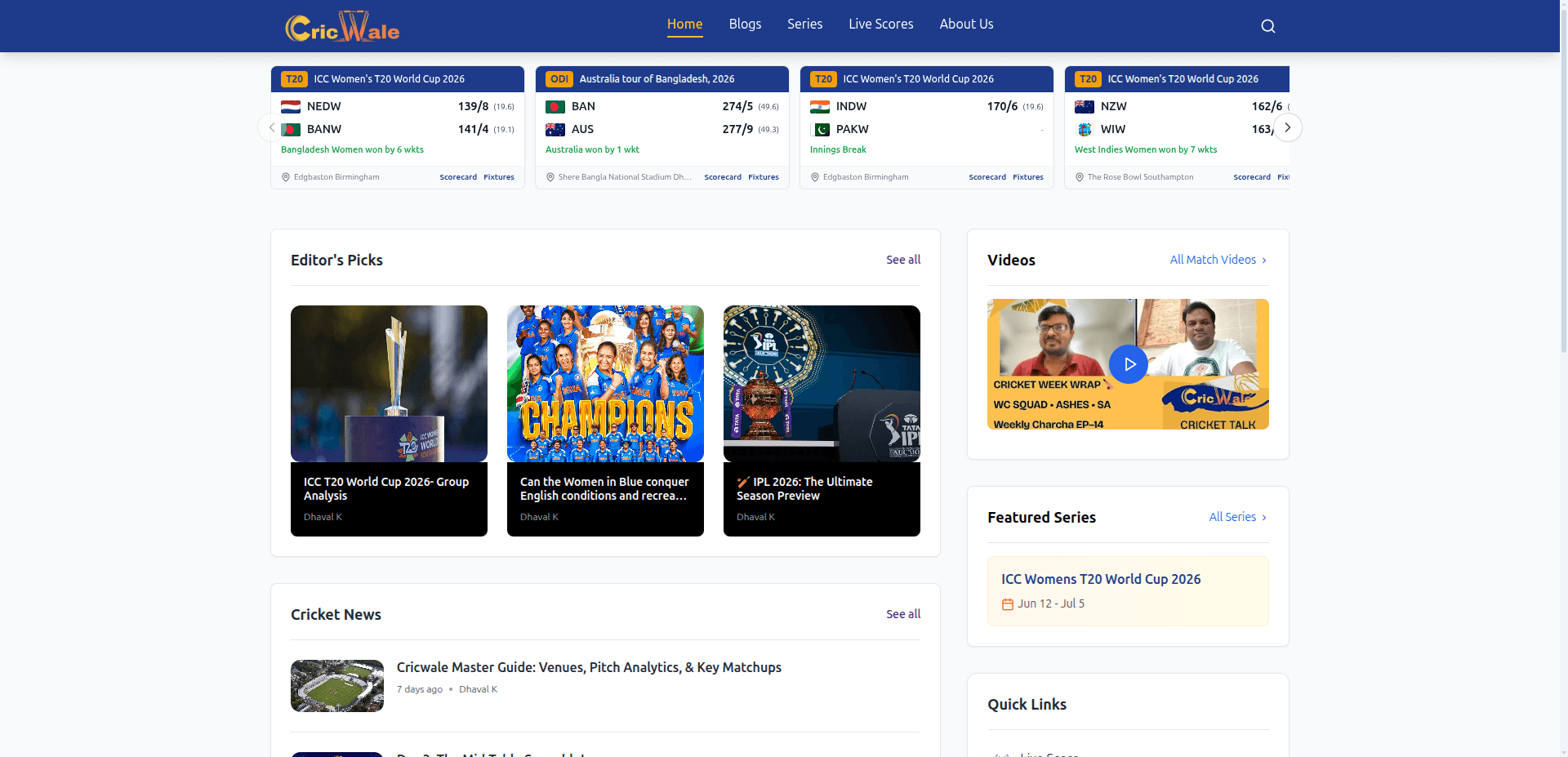 CricWale — A dynamic digital platform delivering real-time cricket scorecards, comprehensive player statistics, and live match updates.